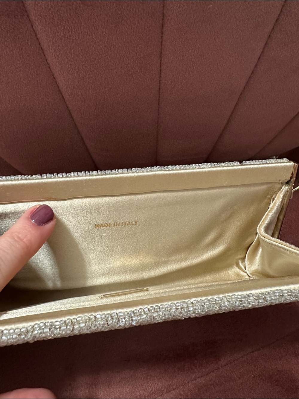 Badgley Mischka Champagne Velvet Beaded Evening Clutch | Made in Italy - Picture 5 of 8